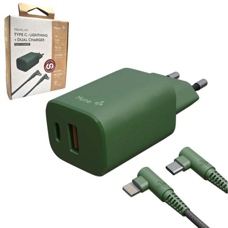 HUNE Kit Caricabatterie Multiplo USB e Type C da 20 W + Cavo Type C Lightning 1.2m | Verde