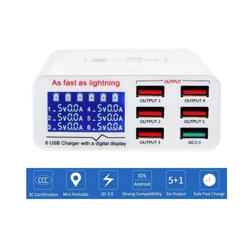 SUNSHINE SS-304Q Caricabatterie da Banco Caricatore Smart 6 Porte USB | Bianco