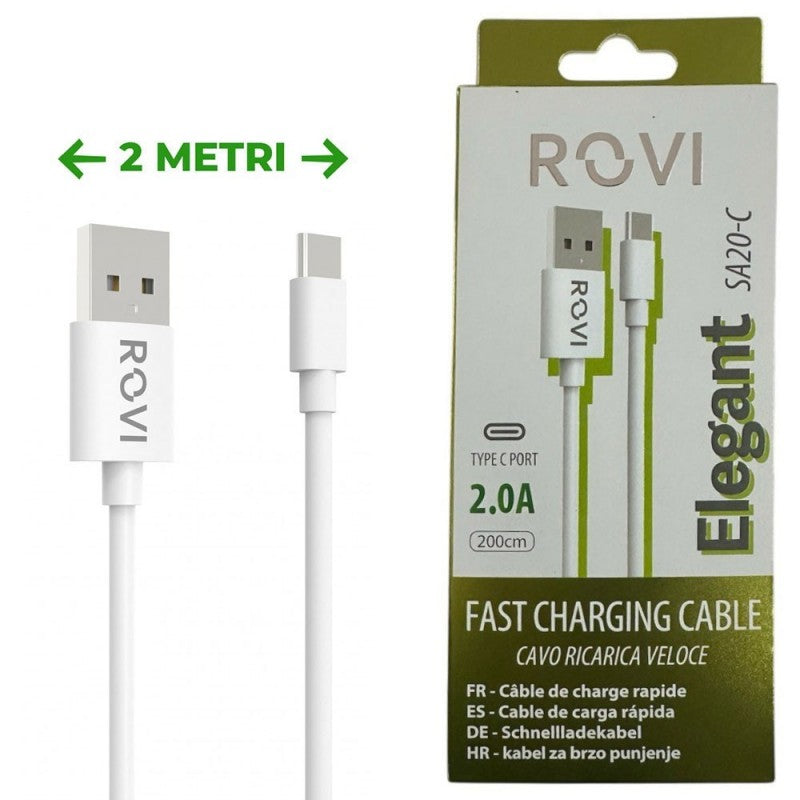 Rovi Elegant Cavo 2 Metri da USB-A a USB-C in PVC Ultra Resistente SA20C 3A | Bianco