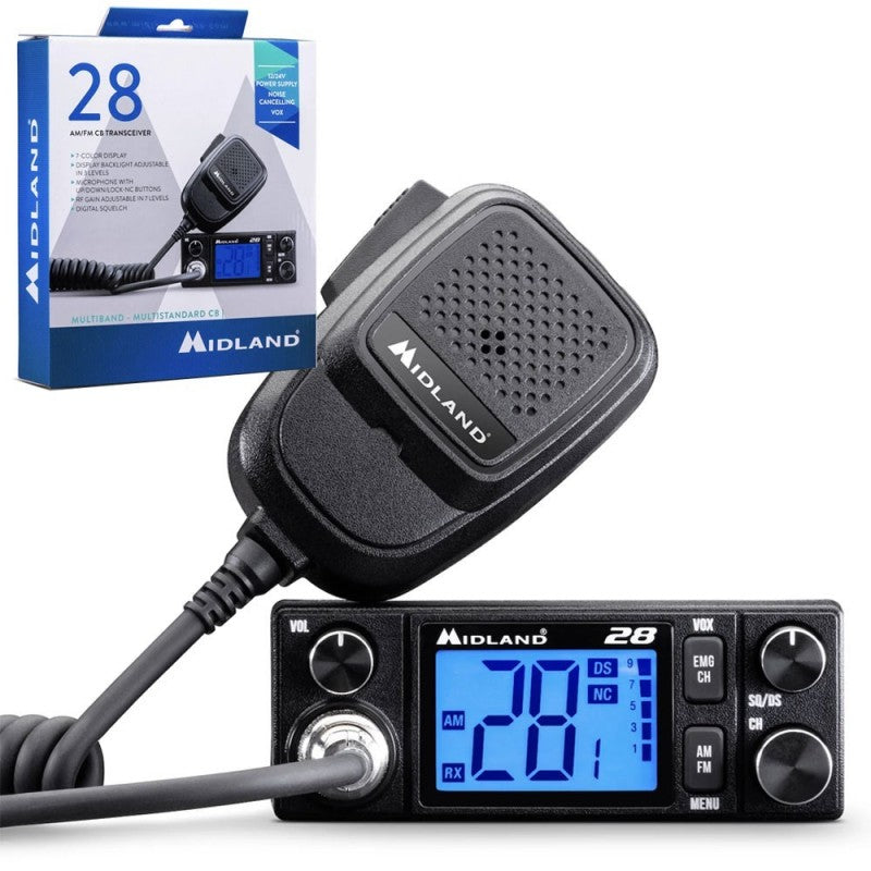 MIDLAND 28 Ricetrasmettitore CB AM/FM Veicolare Cancellazione del Rumore 12/24V