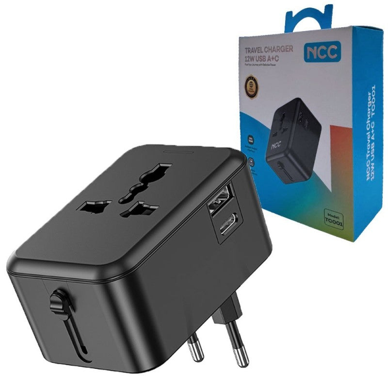 NCC TC001 Travel Charger 12W Caricabatterie da Viggio USB A+C | Nero