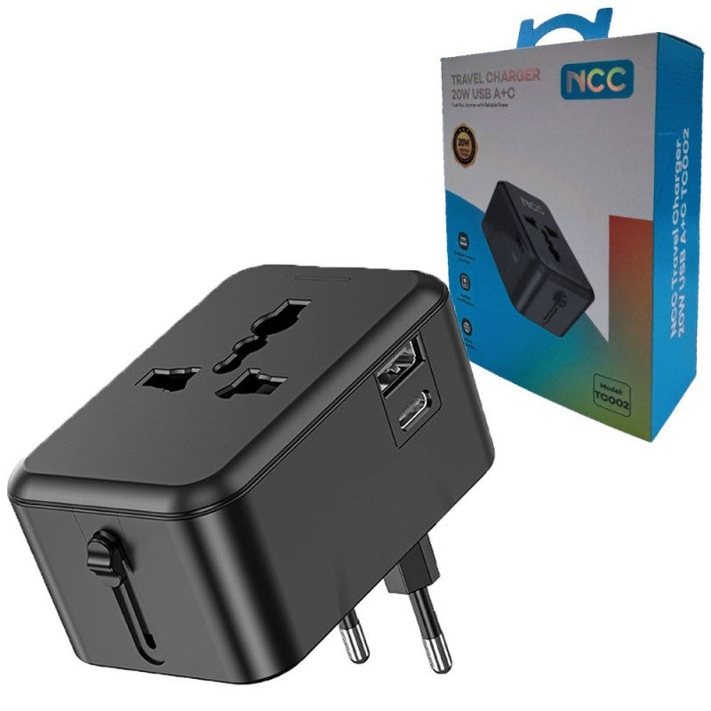 NCC TC002 Travel Charger 20W Caricabatterie da Viggio USB A+C | Nero