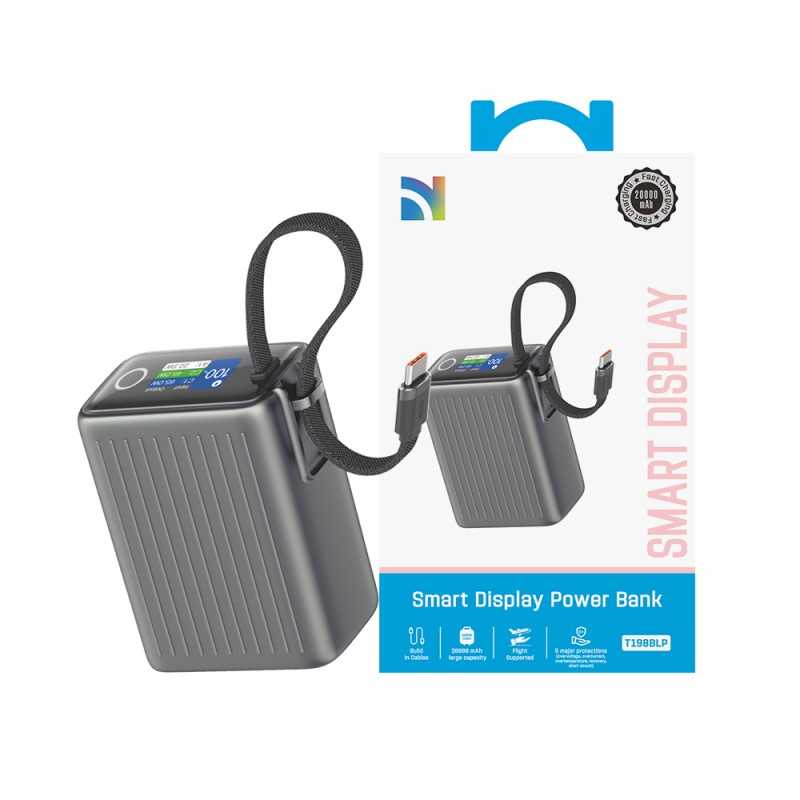 NCC Power Bank 20000mAh Caricabatterie Portatile 65W Cavo USB-C Integrato | Dark Grey T198BLP