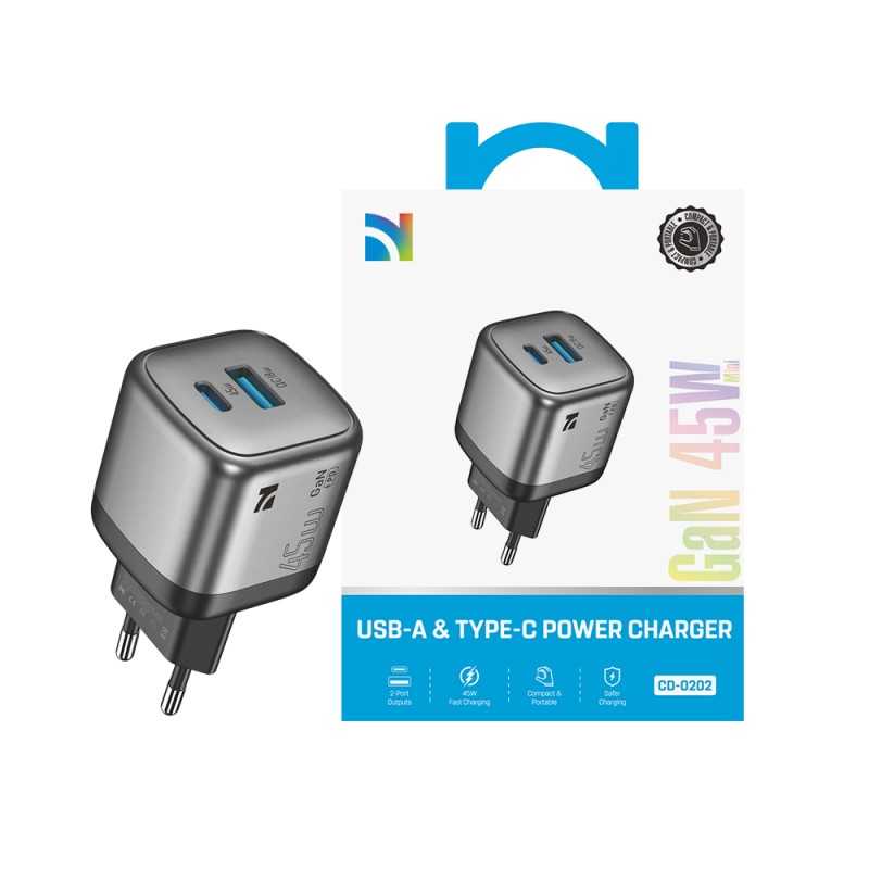 NCC CaricaBatterie da Rete 45W Charger GaN USB-A + USB-C Fast CD-0202EU | Nero
