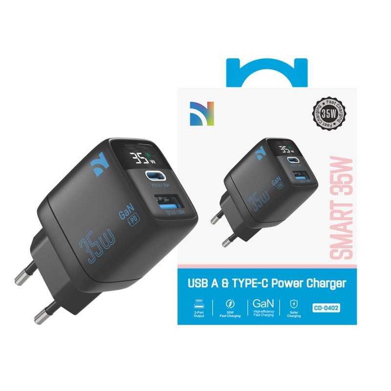NCC CaricaBatterie da Rete 35W Charger USB-A + USB-C CD-0402 EU | Nero