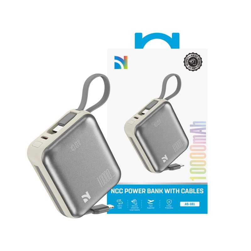 NCC Power Bank 10000mAh Caricabatterie Ricarica Rapida da e 22,5 W + Cavi Integrati | Light Grey AS-181