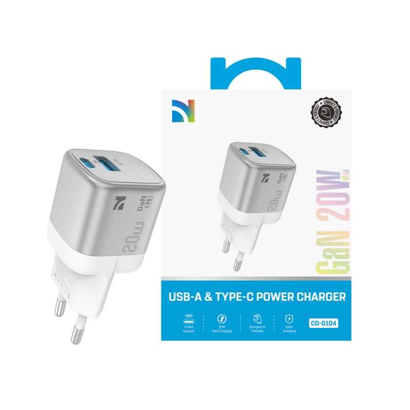 NCC CaricaBatterie da Rete 20W Charger GaN USB-A + USB-C Fast CD-0104 EU | Light Gray