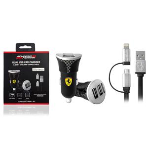 PRESA AUTO FERRARI DUAL USB CAR CHARGER &amp; CABLE 2 IN 1 NERO