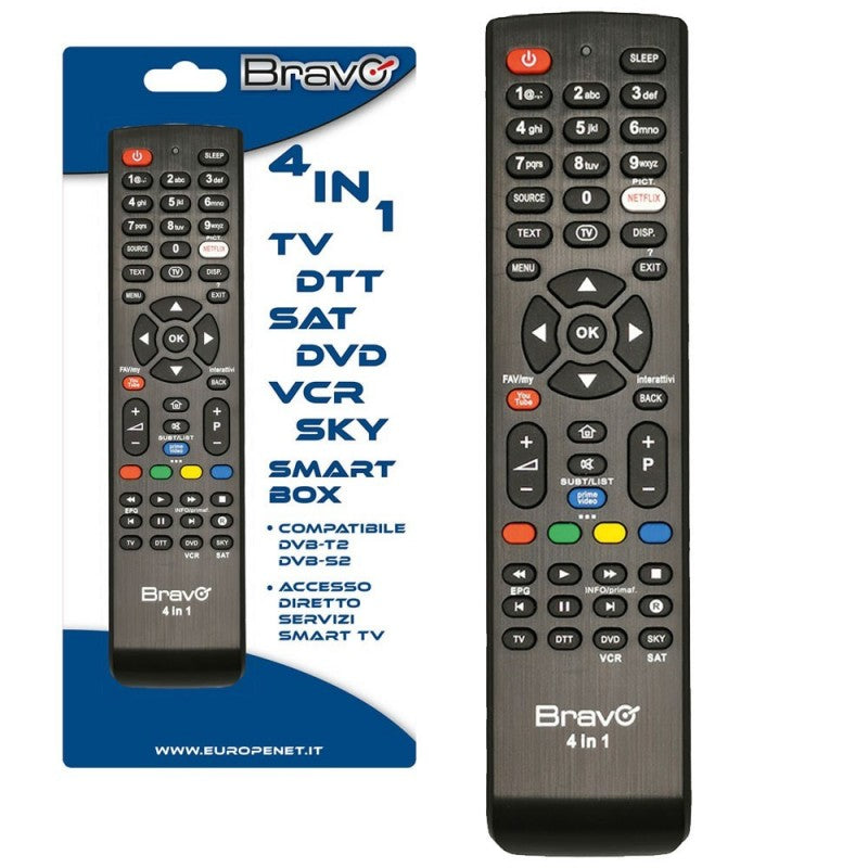 BRAVO Telecomando UNIVERSAL 4 in 1 per TV-DTT SAT-DVD VCR-SKY