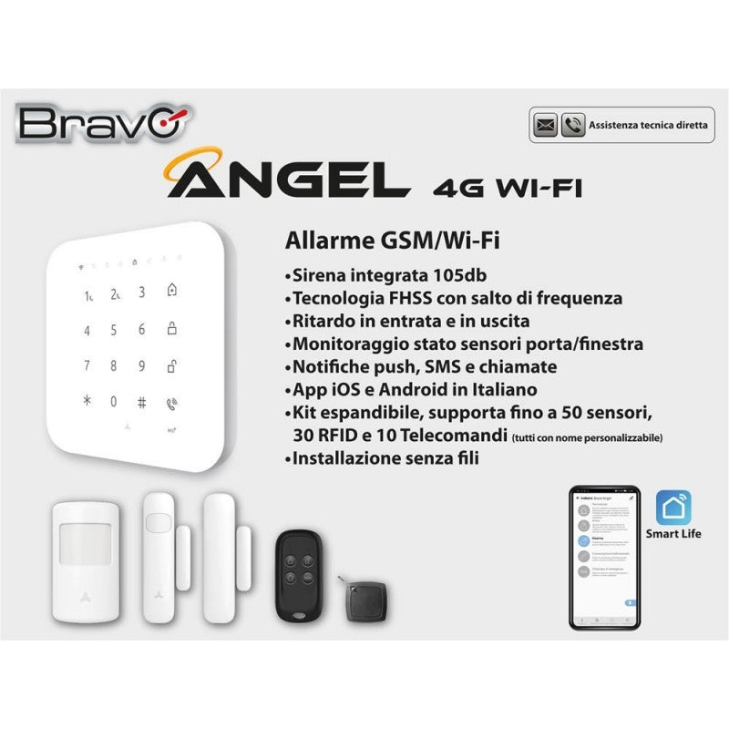 Bravo ANGEL 4G WIFI FHSS Sistema di Allarme con Centralina 4G e Sirena Integrata 105 dB