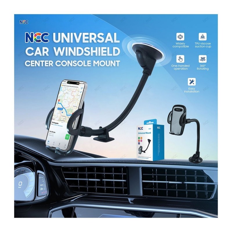 NCC Supporto da Auto CH21 Universale per Parabrezza Rotazione 360&amp;deg; Braccio Lungo | Nero
