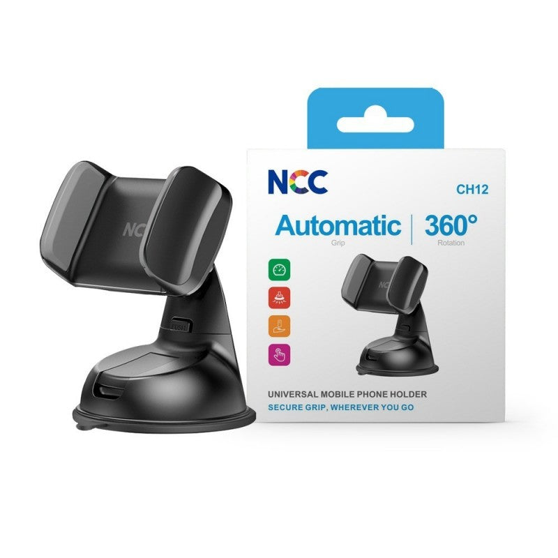 NCC Supporto da Auto CH12 Universale da Cruscotto e Parabrezza Presa Sicura Automatica 360&amp;deg; | Black