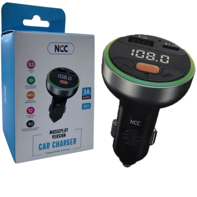 NCC CaricaBatterie Da Auto 3A Doppia Porta USB-A + USB-C Bluetooth 5.3 | Nero R21