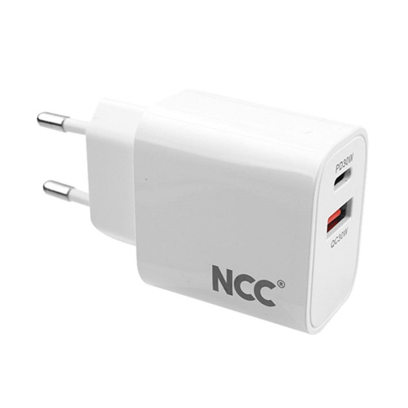 NCC CaricaBatterie da Rete 30W USB-A + USB-C Fast Charge | Bianco C222