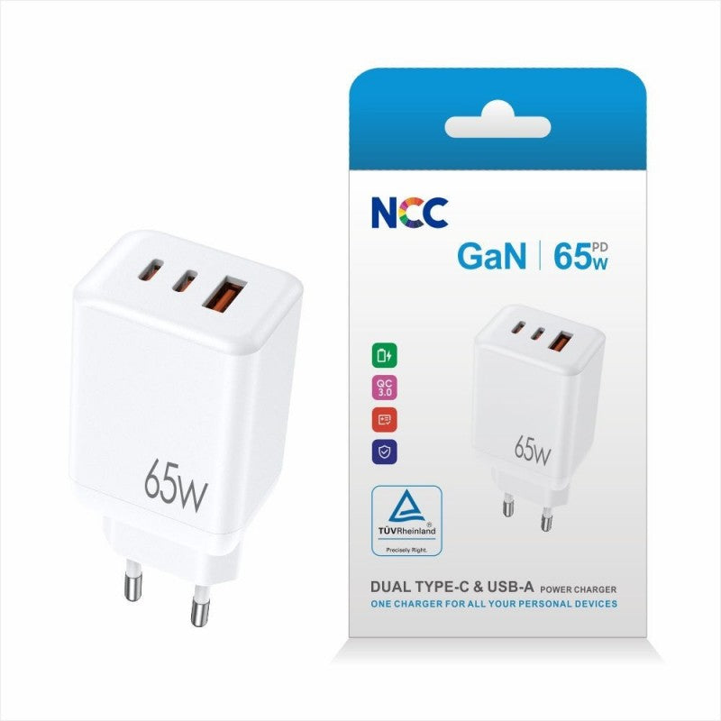 NCC CaricaBatterie da Rete 65W 2 Porte USB-C + 1 Porta USB-A Fast Charger GaN C38 | Bianco