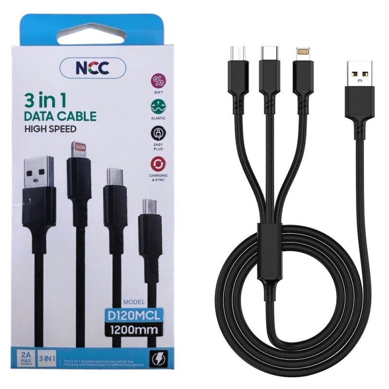 NCC Cavo di Ricarica da USB-A a USB-C - Lightning - Micro USB D120MCL 3 in 1 | 60W | 120cm