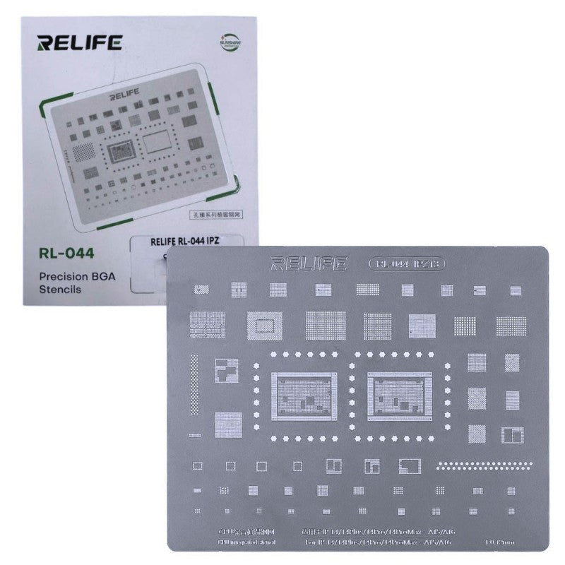 RELIFE RL-044 IPZ13 Tin Steel Stencil per Rigenerazione CHIP IC su CPU per iPhone 14 / Plus / Pro / Pro Max - A15/16 0.12MM