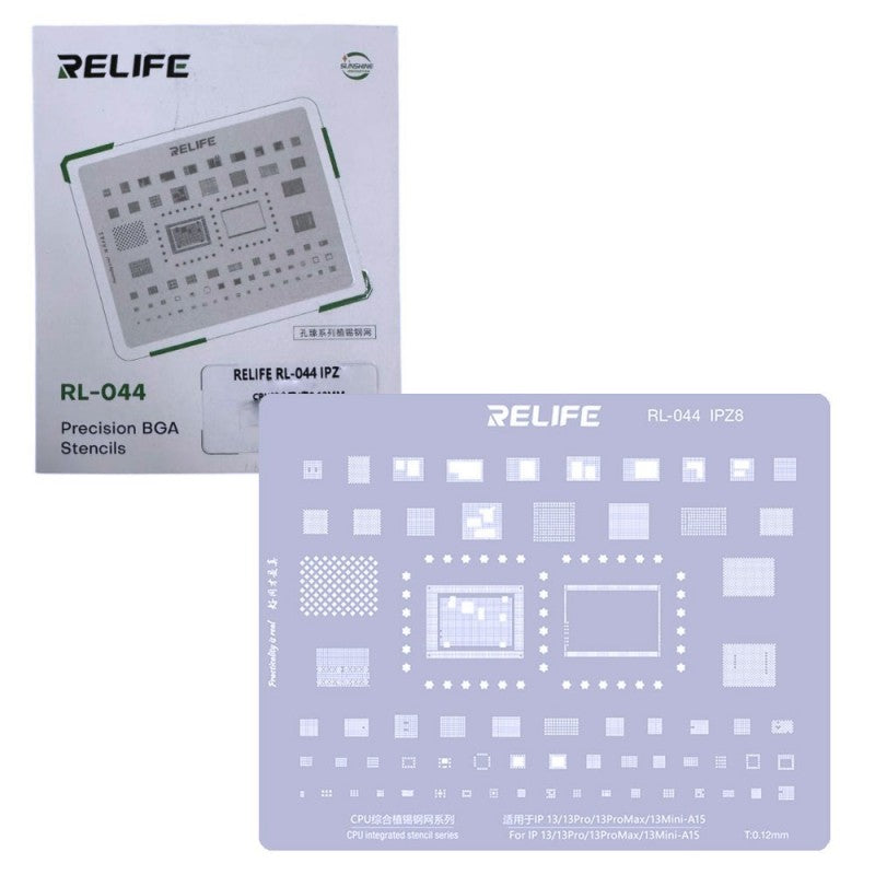 RELIFE RL-044 IPZ8 Tin Steel Stencil per Rigenerazione CHIP IC su CPU per iPhone 13 / Pro / Pro Max / Mini - A15 | 0.12MM