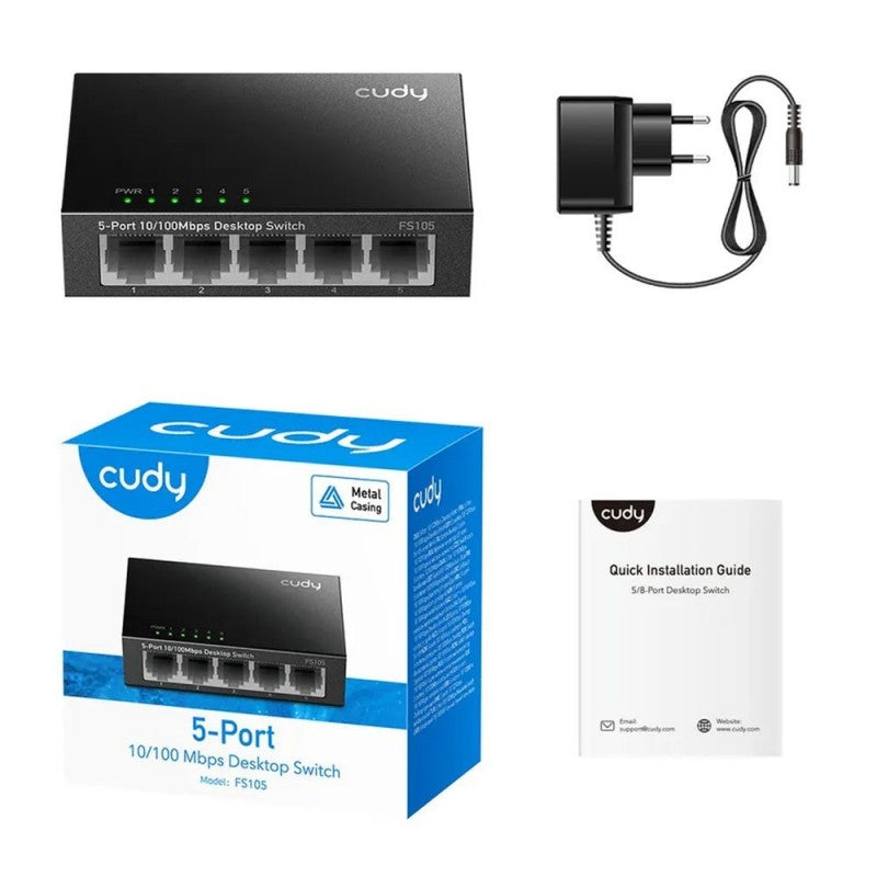 CUDY Switch da Rete 5 PORTE Fast Ethernet 10/100 MBPS Metal
