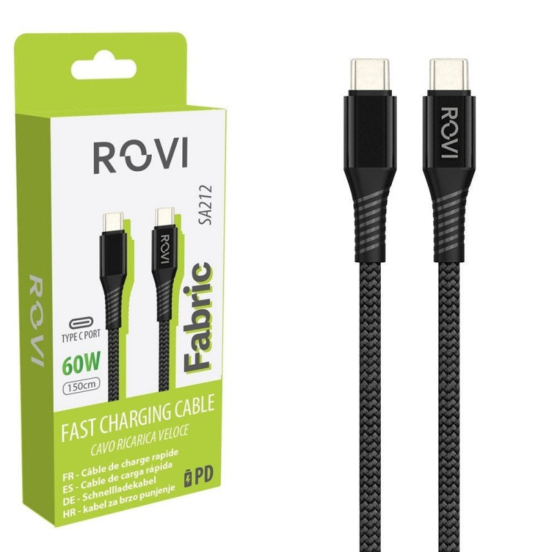 Rovi Fabric Cavo di Ricarica SA212 da Type-c a Type-C Rivestito in Tessuto 60W 1.5m | Nero