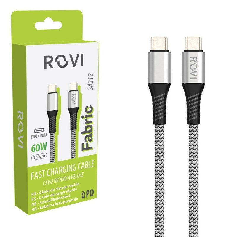 Rovi Fabric Cavo di Ricarica SA212 da Type-c a Type-C Rivestito in Tessuto 60W 1.5m | Silver