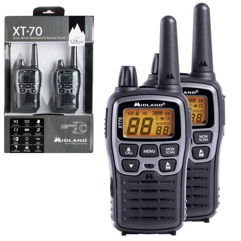 Midland XT70 Doppio Walkie Talkie Radio Ricetrasmettitori DUAL BAND PMR446/LPD | Nero