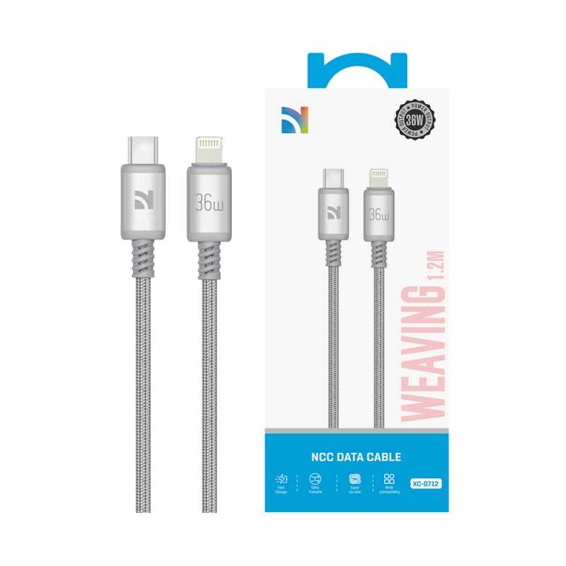 NCC Cavo di Ricarica da USB-C a Lightning 36W Intrecciato con Case in Alluminio SC XC-0712 | 1.2M Light Grey