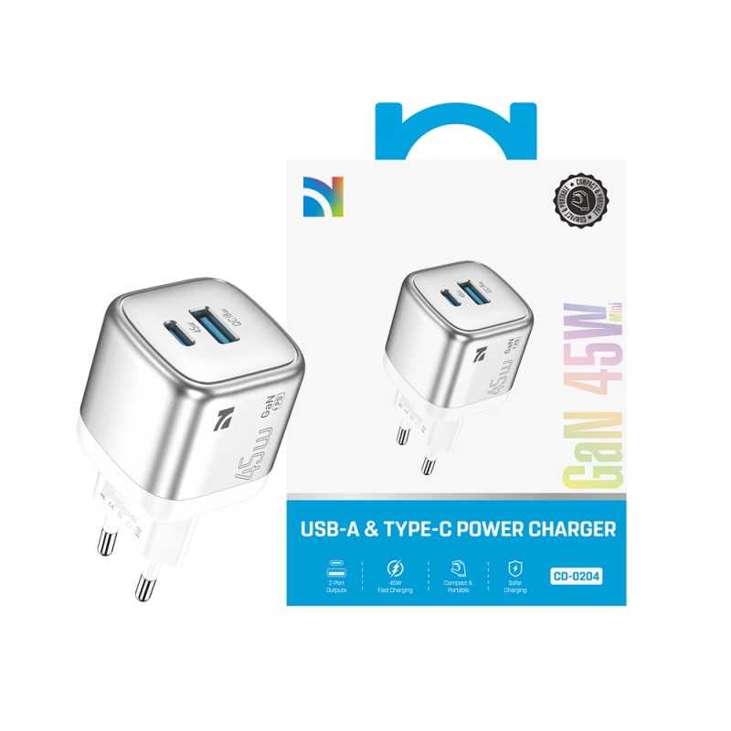 NCC CaricaBatterie da Rete 45W Charger GaN USB-A + USB-C Fast CD-0204EU | Light Gray