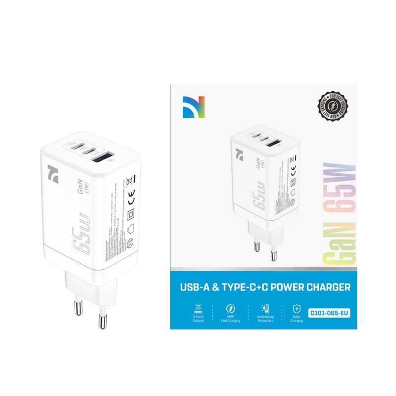 NCC CaricaBatterie da Rete 65W Charger USB-A+C+C | Bianco C101-065-EU