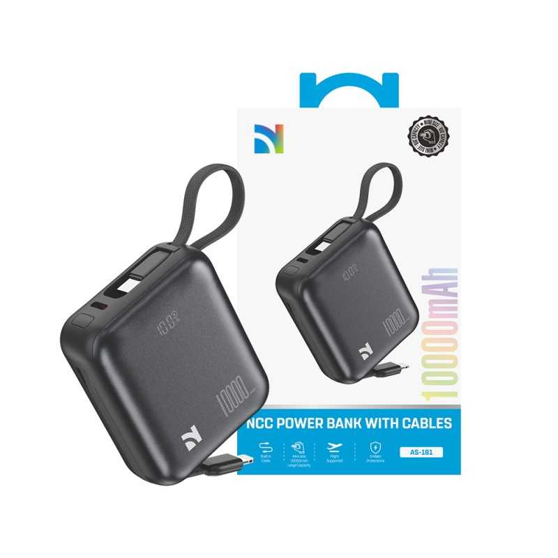 NCC Power Bank 10000mAh Caricabatterie Ricarica Rapida da 22,5W + Cavi Integrati | Dark Grey AS-181