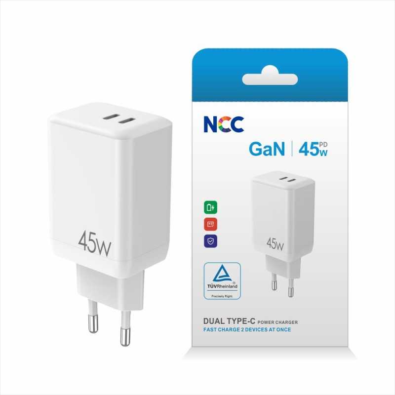 NCC CaricaBatterie da Rete 45W Doppia Porta USB-C Fast Charge GaN C230 | Bianco