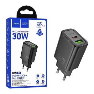 PRESA USB-A + TYPE-C HOCO N63 30W 3A NERO - BLISTER RETAIL