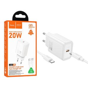 PRESA USB-C TYPE-C HOCO N60 20W 3A + CAVO TYPE-C BIANCO - BLISTER RETAIL