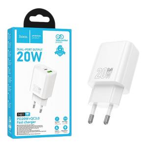 PRESA USB-A + TYPE-C HOCO N61 20W 3A BIANCO - BLISTER RETAIL