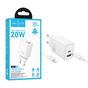 PRESA USB-A + TYPE-C HOCO N61 20W 3A CON CAVO LIGHTNING BIANCO - BLISTER RETAIL