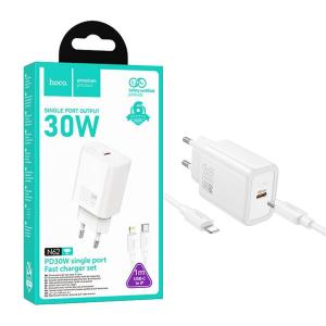 PRESA USB-C TYPE-C HOCO N62 30W 3A + CAVO LIGHTNING BIANCO - BLISTER RETAIL