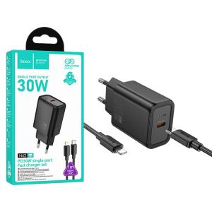 PRESA USB-C TYPE-C HOCO N62 30W 3A + CAVO LIGHTNING NERO - BLISTER RETAIL