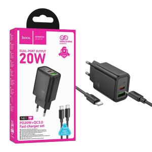 PRESA USB-A + TYPE-C HOCO N61 20W 3A CON CAVO TYPE-C NERO - BLISTER RETAIL