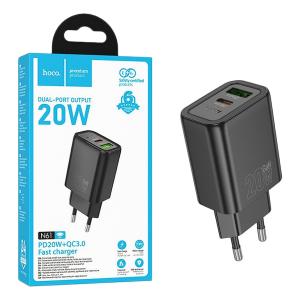 PRESA USB-A + TYPE-C HOCO N61 20W 3A NERO - BLISTER RETAIL