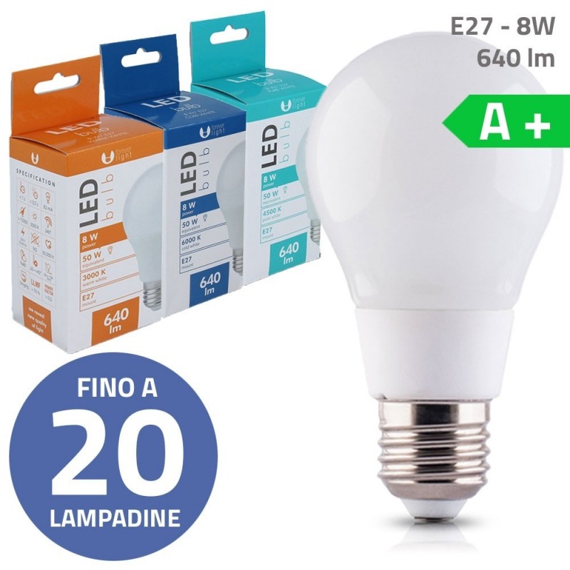 Bundle fino a 20 Lampadine LED Bulb E27 A60 8W 640lm Luce Calda - Luce Fredda - Luce Naturale