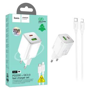 PRESA USB-A + TYPE-C HOCO N41 20W 3A CON CAVO LIGHTNING BIANCO - BLISTER RETAIL