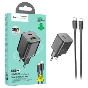 PRESA USB-A + TYPE-C HOCO N41 20W 3A CON CAVO LIGHTNING NERO - BLISTER RETAIL