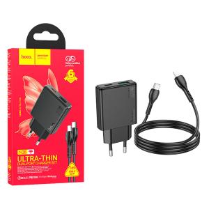 PRESA USB-A + TYPE-C HOCO N38 20W 3A CON CAVO LIGHTNING NERO - BLISTER RETAIL
