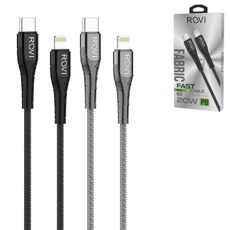 Rovi Sport Cavo di Ricarica da Usb-C a Lightning Rivestito in Nylon 1mt 3A | Silver - Nero